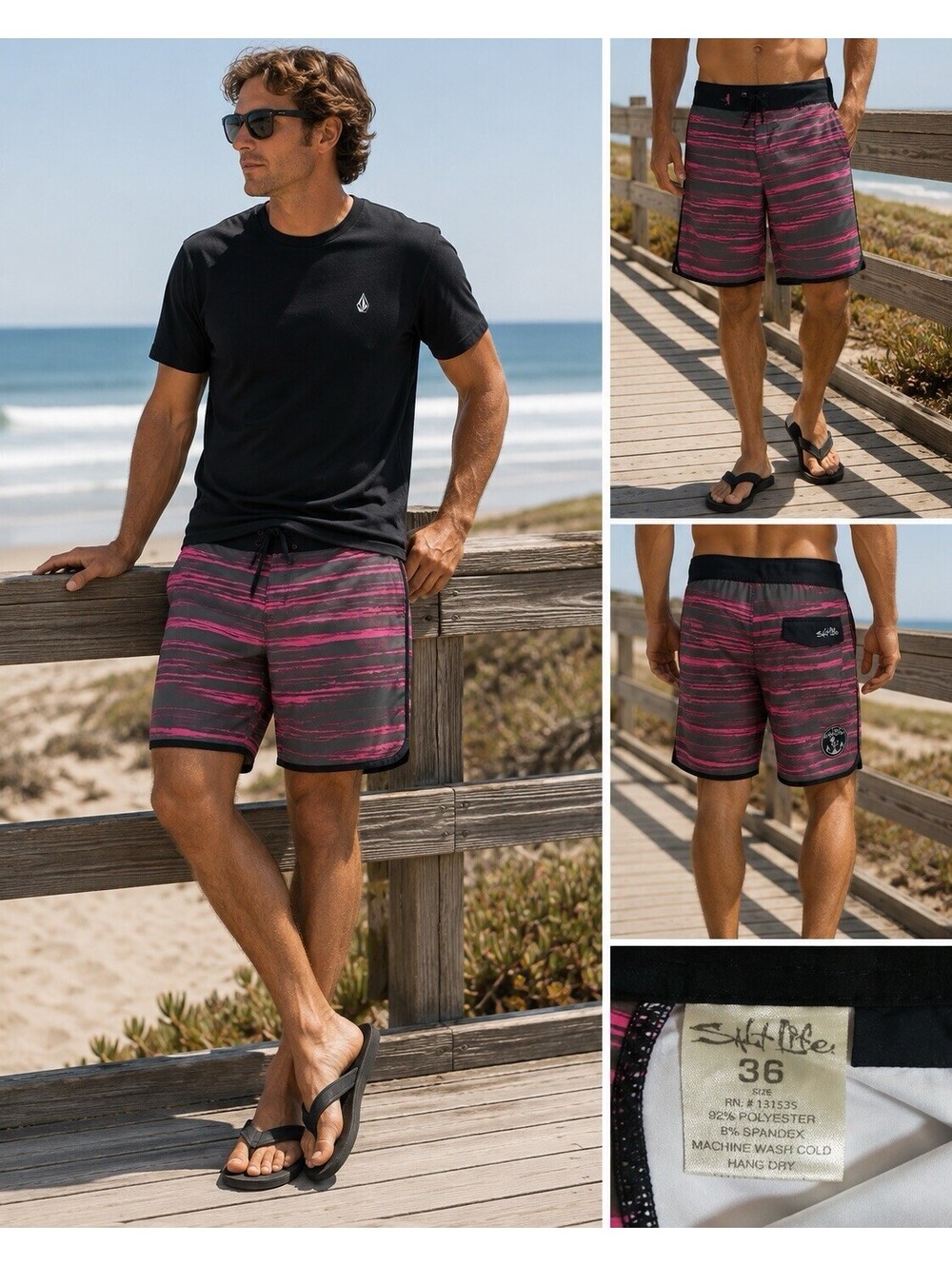 Salt Life SLX-QD Men’s Board Shorts Size 36 Pink Gray Vapor Stretch Swim Surf